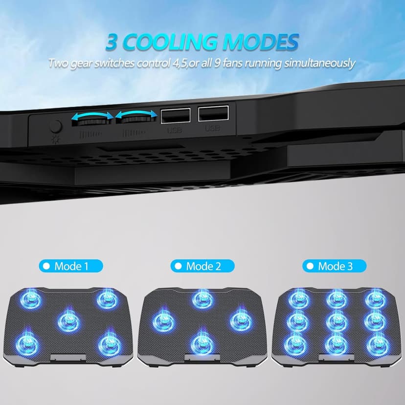Laptop Cooling Pad, Gaming Laptop Cooler with 9 Quiet Fans, Laptop Cooling Stand for 12-17 Inch, Laptop Computer Fan with 5 Height Adjustable,2 USB Ports,1 Phone Stand