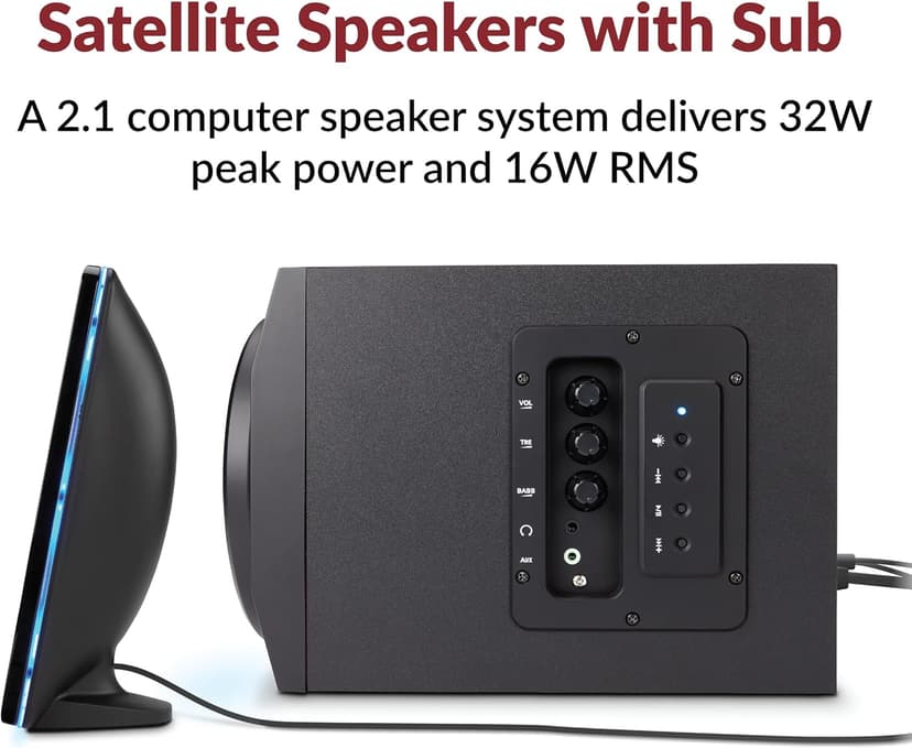 Cyber Acoustics CA-SP34BT Bluetooth Speakers with LED Lights – The Perfect Gaming, Movie, Party, Multimedia 2.1 Subwoofer Speaker System, Black
