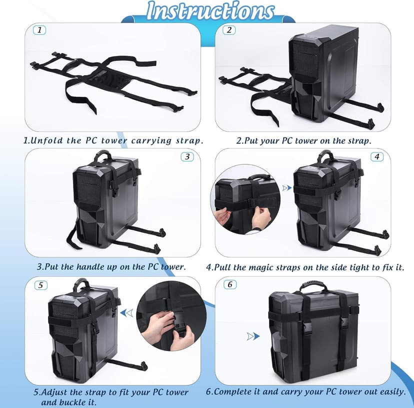 Trunab PC Tower Carrying Strap with Rubber Handle, Desktop Carrying Case Belt Computer Travel Holder with Pockets for Cable, Mouse, Ideal for Transporting On The Go - Patented Design