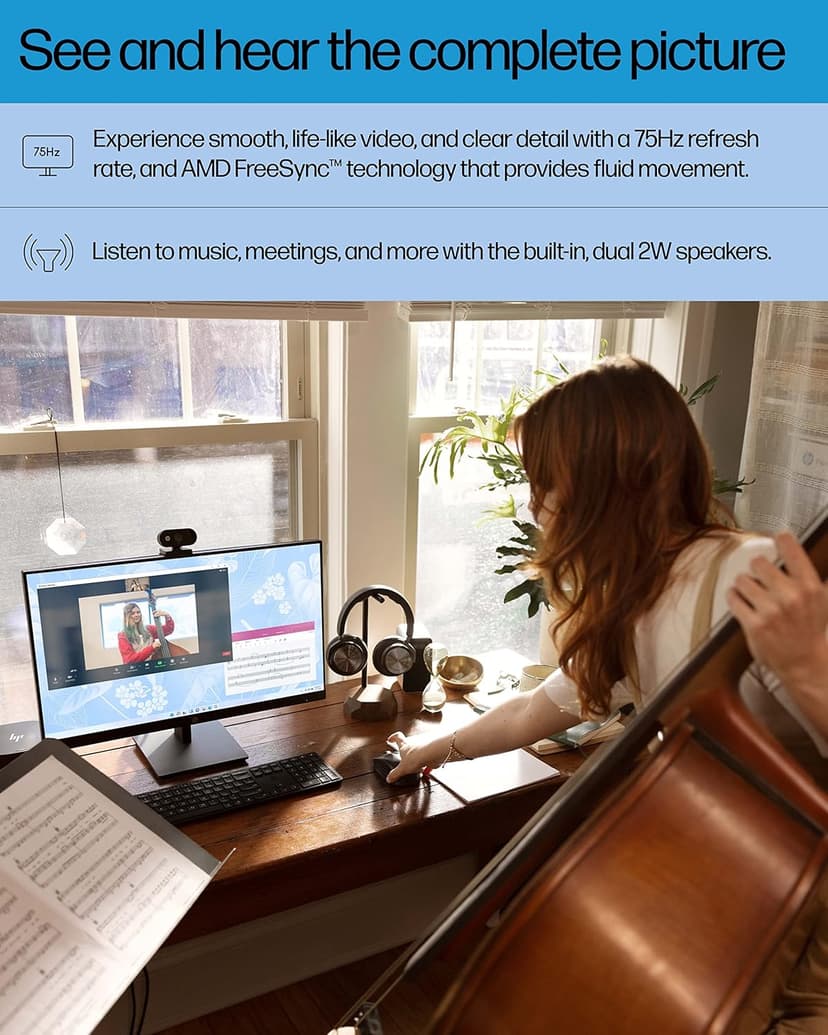 HP 27h Full HD Monitor - Diagonal - IPS Panel & 75Hz Refresh Rate - Smooth Screen - 3-Sided Micro-Edge Bezel - 100mm Height/Tilt Adjust - Built-in Dual Speakers - for Hybrid Workers,Black