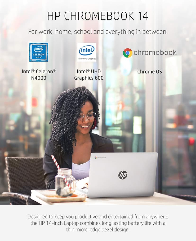 HP Chromebook 14 Laptop, Intel Celeron N4000 Processor, 4 GB RAM, 32 GB eMMC, 14” HD Display, Chrome, Lightweight Computer with Webcam and Dual Mics, Home, School, Music, Movies (14a-na0021nr, 2021)