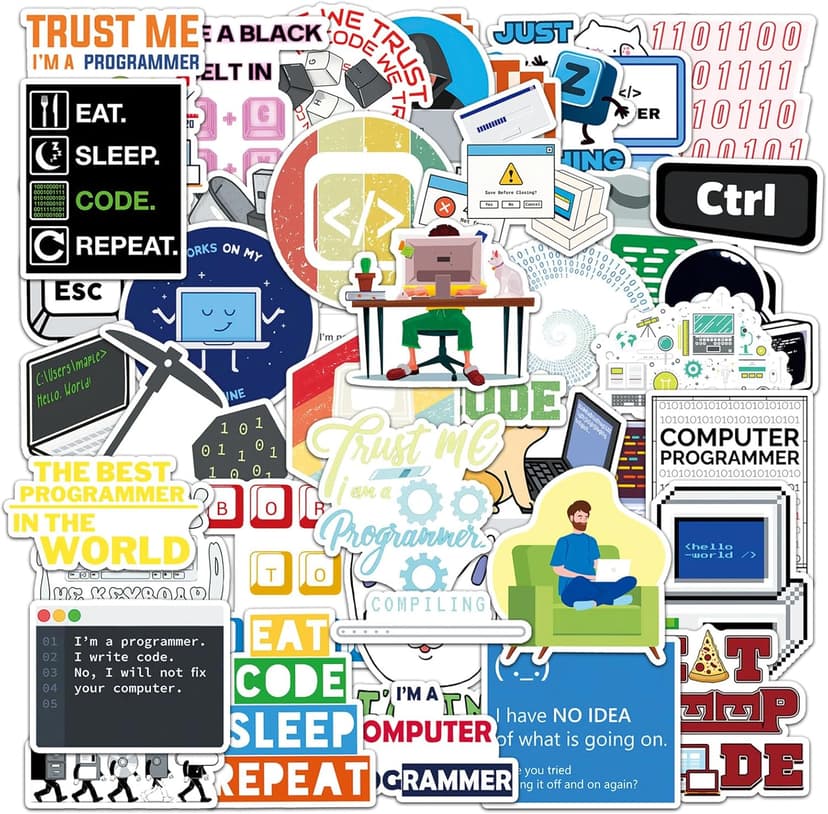 50Pcs Programmer Stickers Funny Programming Coding Vinyl Decals for Laptop Water Bottles Journals Developers IT Students Tech Lovers Computer Desks and Software Engineers