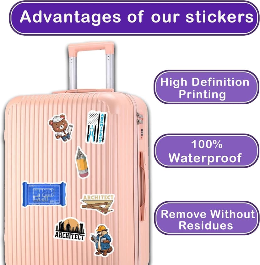 50 PCS Architect Pack Stickers Work Funny Vinyl Decals Waterproof for Adults Men Women Decor Laptop Computer Notebook Phone Cases Map Architecture Graphics Labels Art Jobs