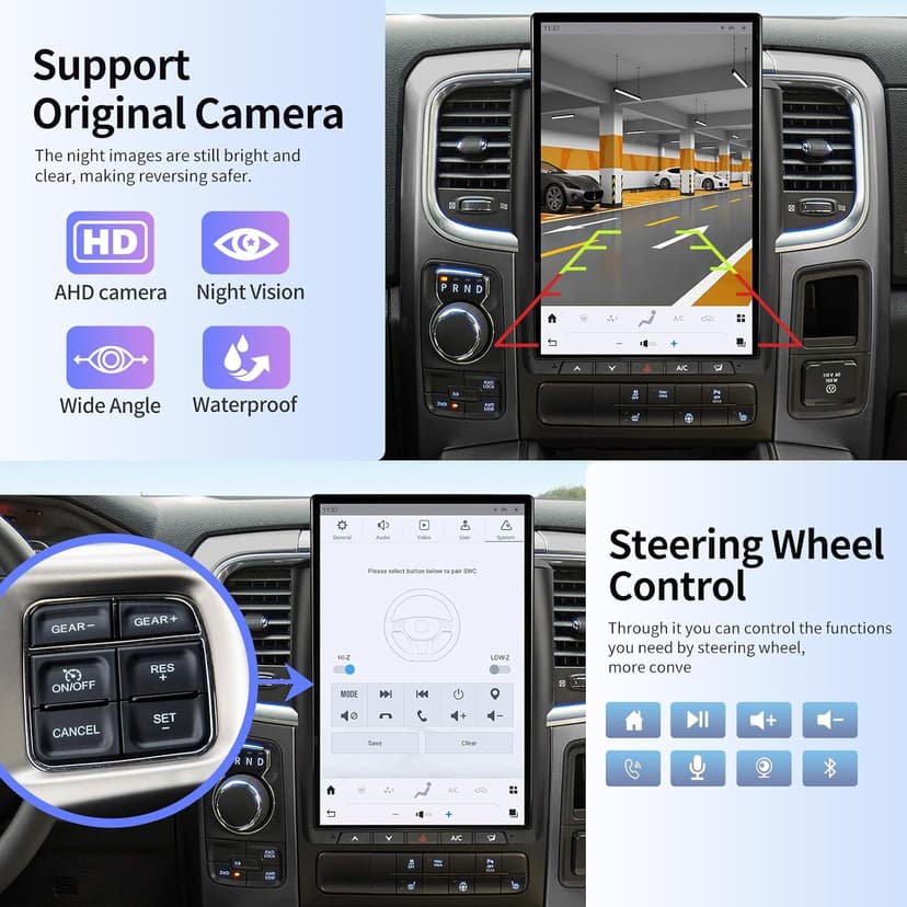 Qualcomm Car Radio for Dodge Ram 2013-2019 Stereo Replacement Head Unit 14.4 Inch 2K IPS Touch Screen Tesla Style Carplay Android Auto GPS Navigation
