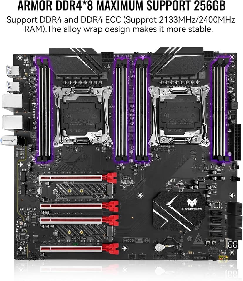 X99 Dual CPU Motherboard LGA 2011-3 Server Motherboard for Intel i7 5th/6th Gen Xeon E5 V3/V4 Series (E-ATX, 8*DDR4 ECC Max 256G, 2*NVME M.2, 2*Gb LAN, SATA 3.0, PCIe 3.0)