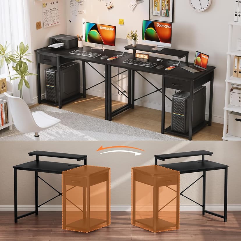 Computer Desk with Adjustable Monitor Stand, 47.2 in Small Desk with Reversible Storage Shelves, Office Desk with Spacious Desktop Spaces for Home Bedroom Workstation, Black
