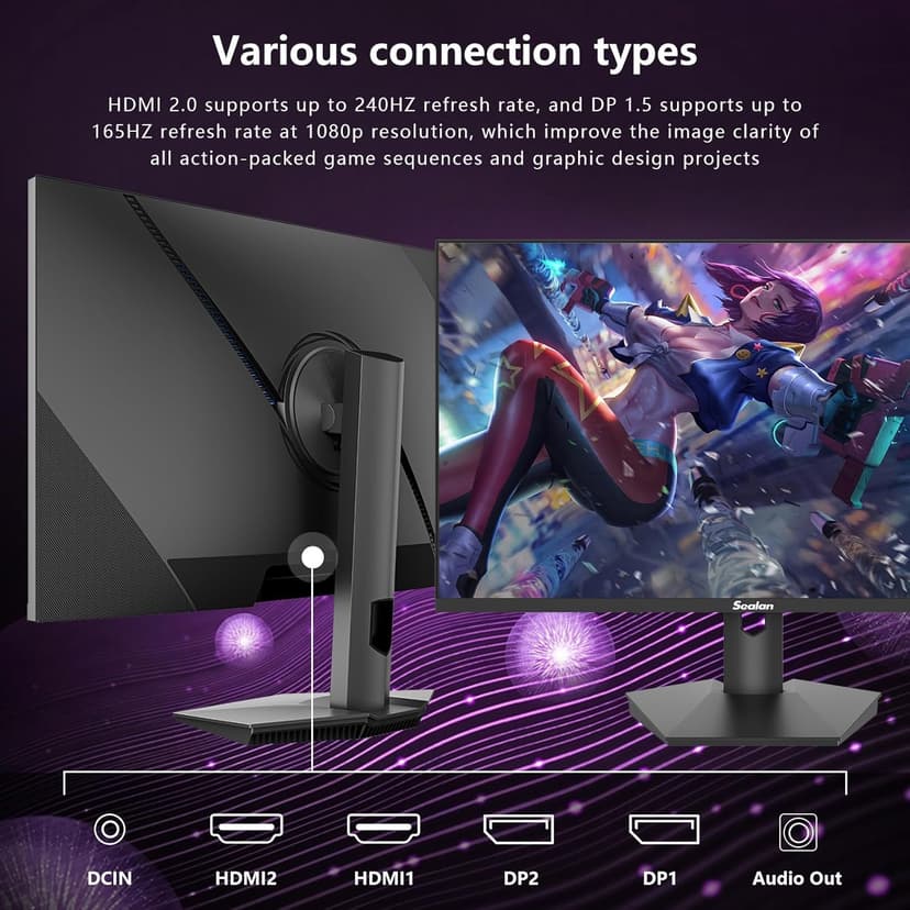 27inch Gaming Monitor - 1ms 380Hz 1080p Flat, HDR10 Height/Tilt/Swivel/Pivot Adjustable RGB Anti-Glare Display, HDMI/DP, FreeSync, G-Sync, 300 cd/m² Bright LEDs