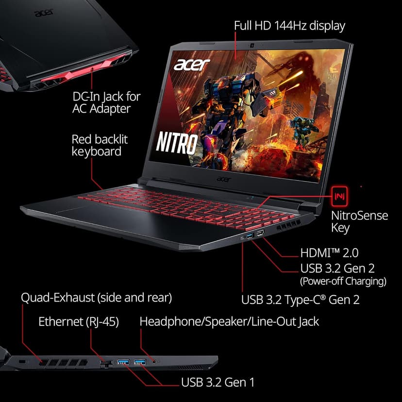 Acer Nitro 5 AN515-57-79TD Gaming Laptop | Intel Core i7-11800H | NVIDIA GeForce RTX 3050 Ti Laptop GPU | 15.6" FHD 144Hz IPS Display | 8GB DDR4 | 512GB NVMe SSD | Killer Wi-Fi 6 | Backlit Keyboard