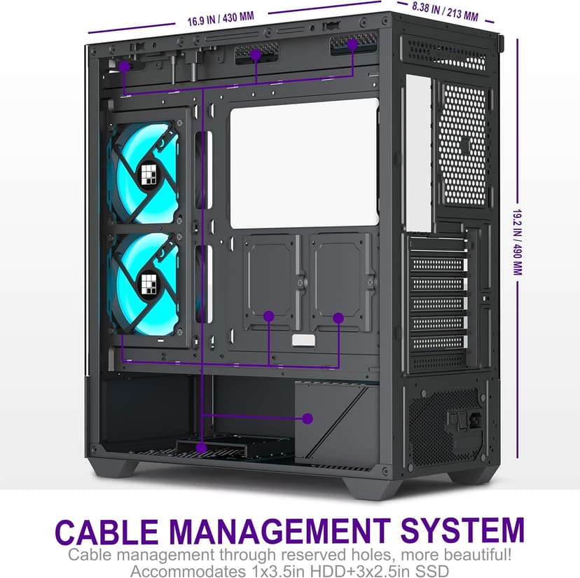 PC Case - Pre-Installed 6 PWM ARGB Fan, ATX Mid-Tower Gaming PC Case,Type-C, FOIFKIN (Black, F1)