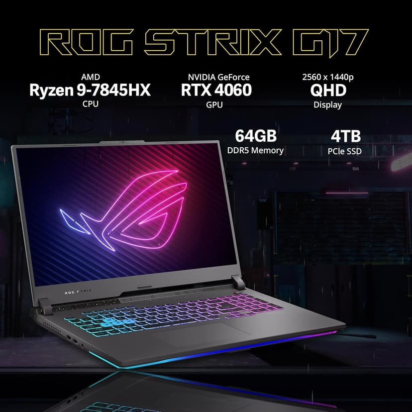 ASUS ROG Strix G17 17.3" QHD 240Hz Gaming Laptop, AMD Ryzen 9-7845HX, 64GB DDR5, 4TB PCIe SSD, NVIDIA GeForce RTX 4060, RGB Backlit Keyboard, Win 11 Pro, Gray, 128GB Hotface Extension Set