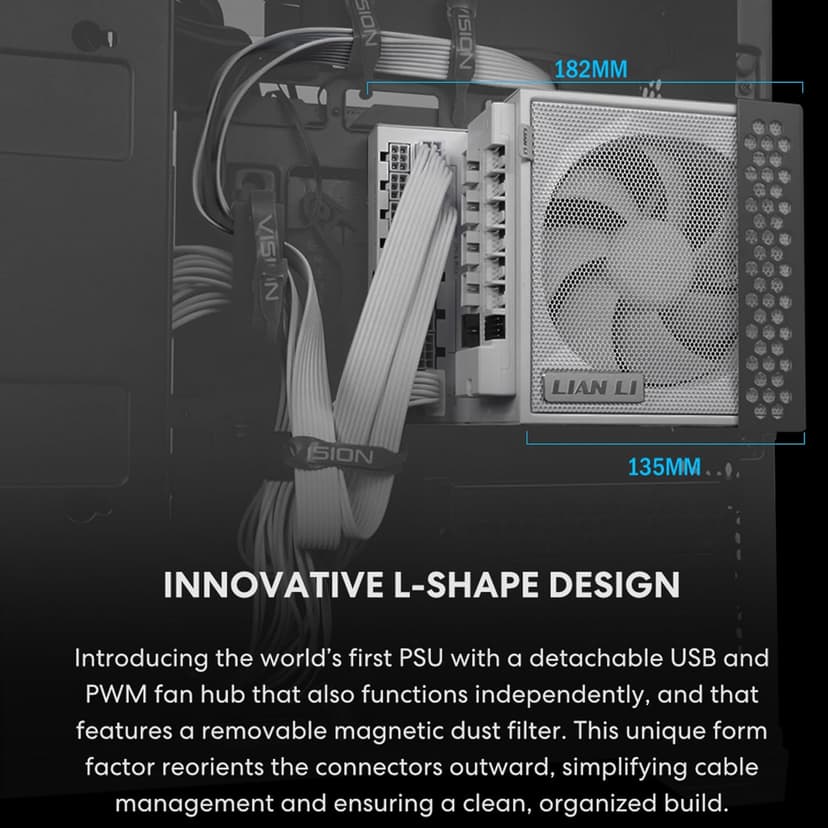 Lian Li Edge Serie - 1000W Full Modular Power Supply (Fan USB Hub Included) - Gold - ATX 3.1 - PCIE 5.1 Support - 12V-2x6 Connector - L-Shape Design for Dual Chamber Case - White (EG1000G.WH)