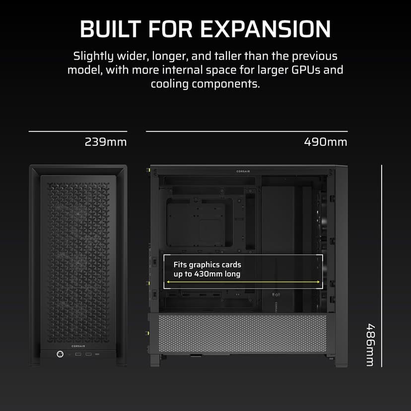 CORSAIR 4000D RS Frame Modular High Airflow Mid-Tower PC Case – 3X CORSAIR RS Fans – InfiniRail Fan Mounting System – Fits Multiple 360mm Radiators – Reverse Connector Motherboard Compatible – Black