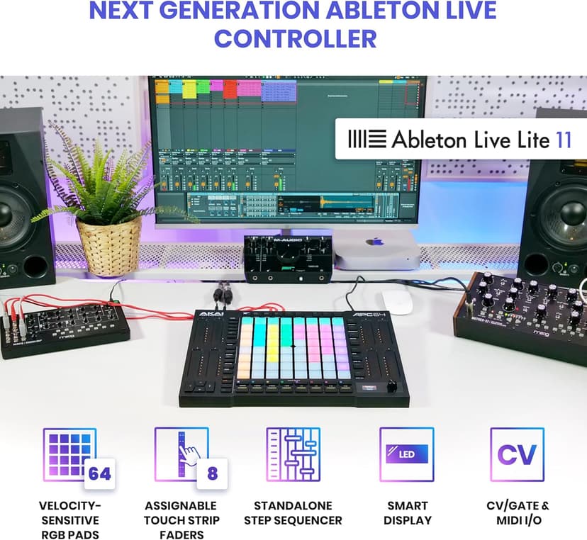 AKAI Professional APC64 Ableton MIDI Controller with 8 Touch Strips, Step Sequencer, 64 RGB Velocity-Sensitive Pads, CV Gates, MIDI In & Out, USB-C