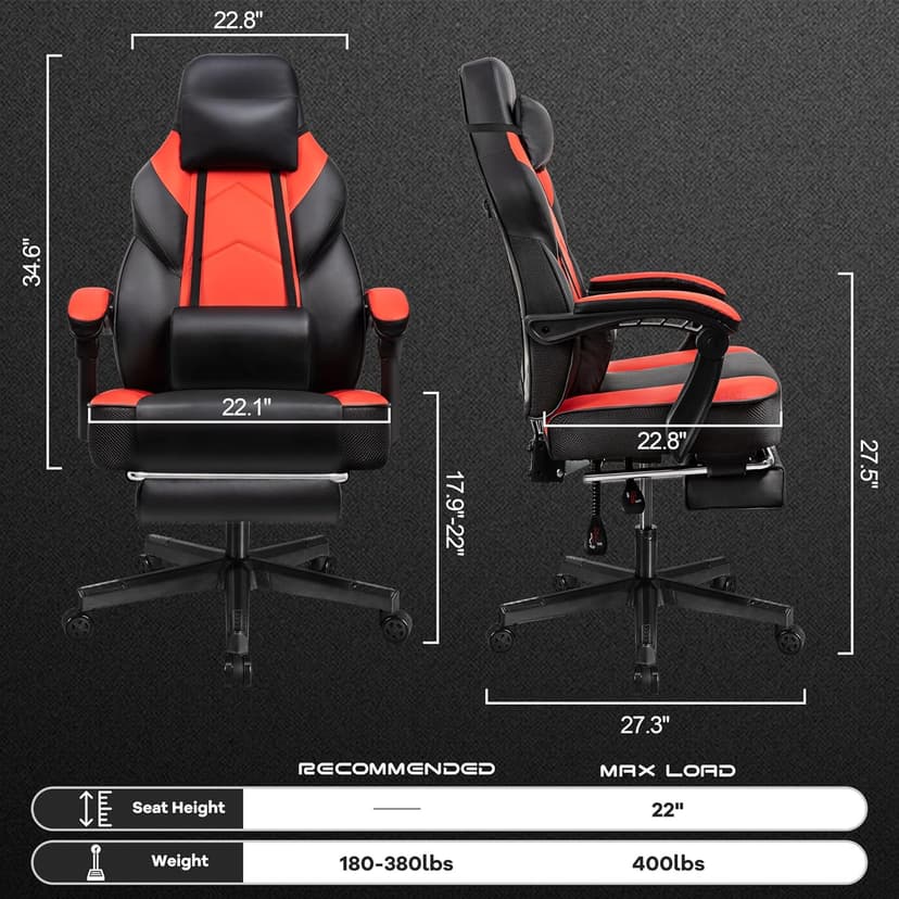 Gaming Chair with Footrest, Video Game Chair for Adults, Big and Tall Computer Chair with Massage Lumbar Support 330lb Weight Capacity, Ergonomic Adjustable Height and 360° Swivel Seat (Red)