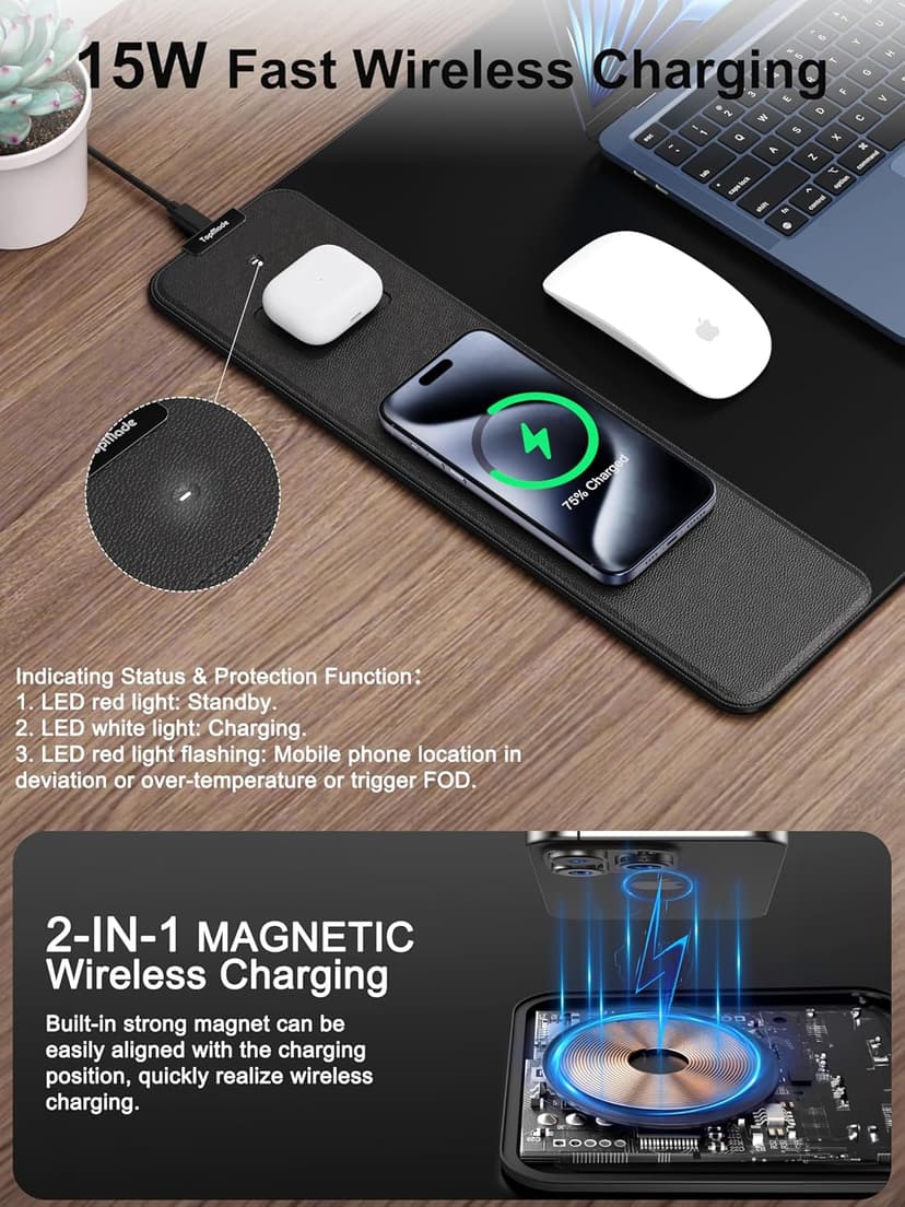 TopMade Wireless Charging Mouse Pad, Waterproof Gaming Mousepad with Ultra-Smooth Surface, Non-Slip Base, 31.5"x15.75" XXL Large Desk Pad, Classic Black Computer Desk Mat for MacBook, PC, Laptop