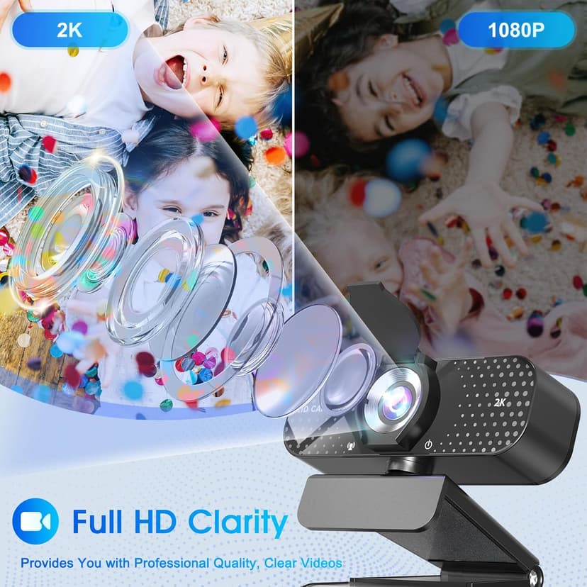 2K HD Webcam with Auto Light Correction, Noise-Canceling Mic, Privacy Cover and Wide Angle Lens, Plug & Play USB Camera for Laptop/PC/Mac, Compatible with Zoom, Skype, Teams & Streaming Black
