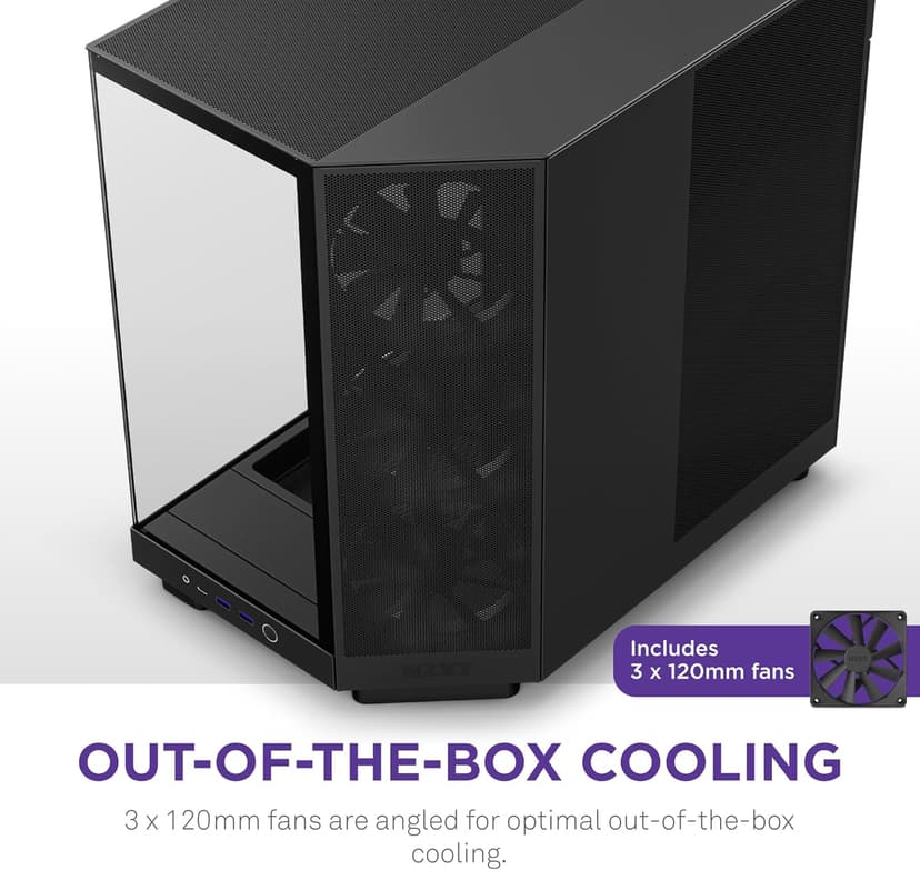 NZXT H6 Flow | CC-H61FB-01 | Compact Dual-Chamber Mid-Tower Airflow Case | Panoramic Glass Panels | High-Performance Airflow Panels | Includes 3 x 120mm Fans | Cable Management | Black