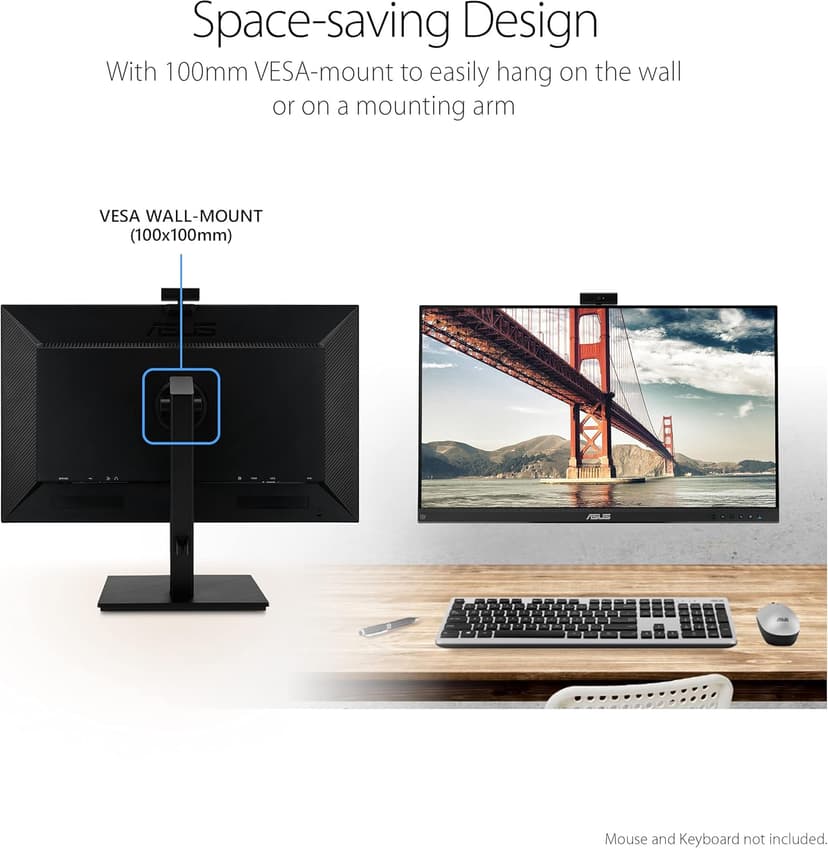 ASUS 27” 1080P Video Conference Monitor (BE279QSK) - Full HD, IPS, Built-in Adjustable 2MP Webcam, Mic Array, Speakers, Eye Care, Wall Mountable, Frameless, HDMI, DisplayPort, VGA, Height Adjustable