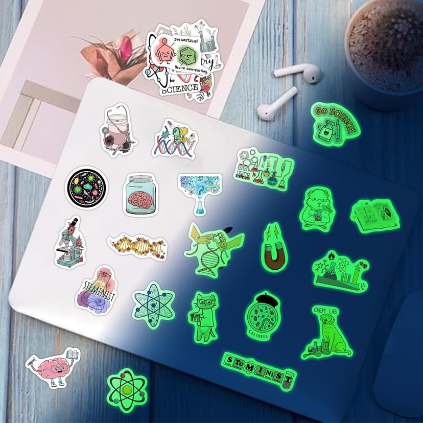 100Pcs Glow in The Dark Funny Natural Science Lab Stickers for Water Bottle, Physics Chemistry Biology Lab Vinyl Laptop Decals, Adults Teachers Students Waterproof Phone Case Skateboard Luggage Decor