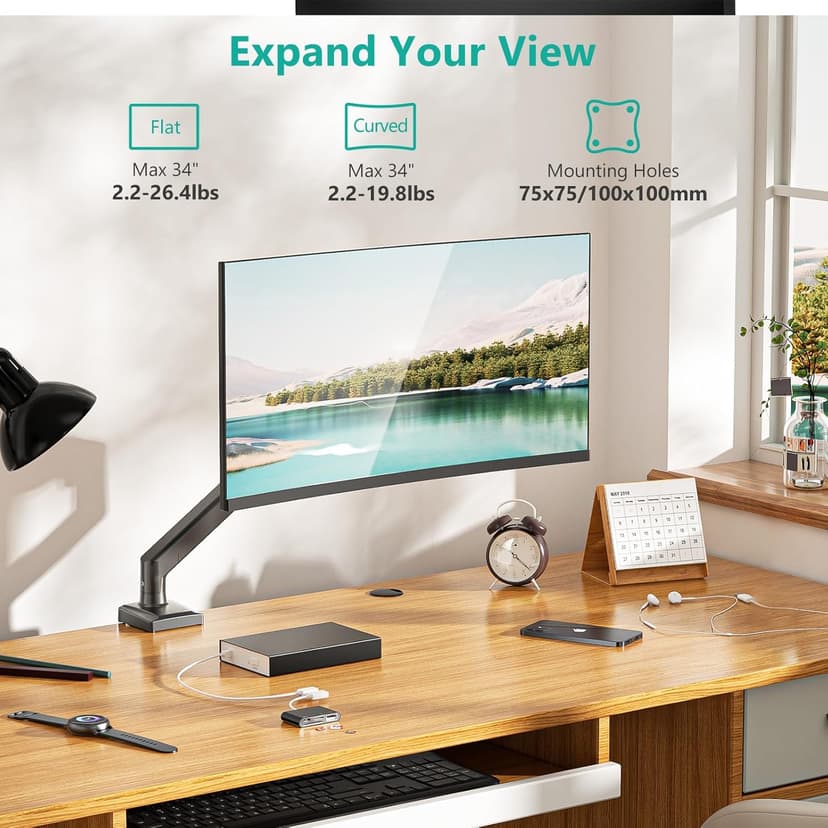 WALI Single Monitor Mount, Gas Spring Monitor Arm for 17-34 inch Screens, Adjustable Computer Monitors Stand up to 26.4lbs, with Clamp and Grommet Base, Mounting Holes 75 and 100mm (GSMP001N), Black