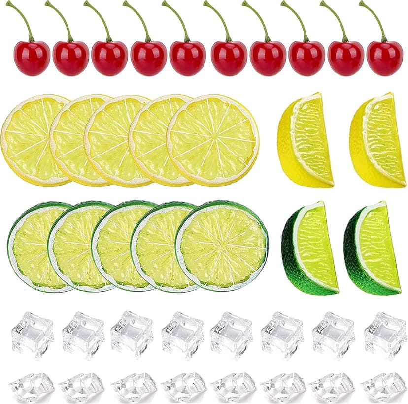 40 Pcs Fake Crushed Ice and Square Ice Rocks,10 Pcs Artificial Fruit Lemon Slices, 4 Pcs Simulation Lemon Blocks and 10 Pcs Lifelike Cherries for Home Kitchen Decoration Photography Prop