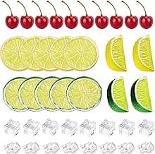 40 Pcs Fake Crushed Ice and Square Ice Rocks,10 Pcs Artificial Fruit Lemon Slices, 4 Pcs Simulation Lemon Blocks and 10 Pcs Lifelike Cherries for Home Kitchen Decoration Photography Prop