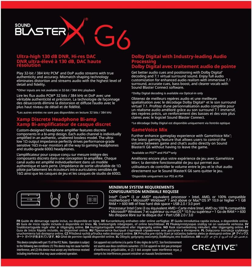 Sound BlasterX G6 Hi-Res 130dB 32bit/384kHz Gaming DAC, External USB Sound Card with Xamp Headphone Amp, Dolby Digital, 7.1 Virtual Surround Sound, Sidetone/Speaker Control for PS4, Xbox One