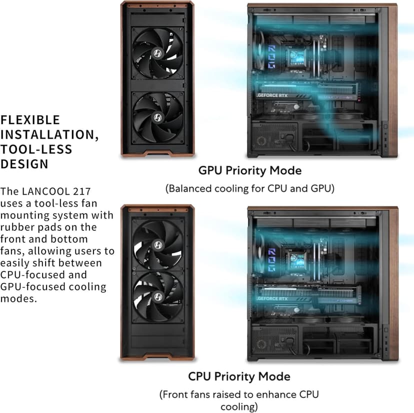 Lian Li LANCOOL 217 Genuine Walnut Wood Computer Case, Mid-Tower ATX PC Case with 5 Pre-Installed PWM Fans 2x170mm, 2x120mm & 1x140mm, Flexible PSU & Cable Installation - Black (LAN217X)
