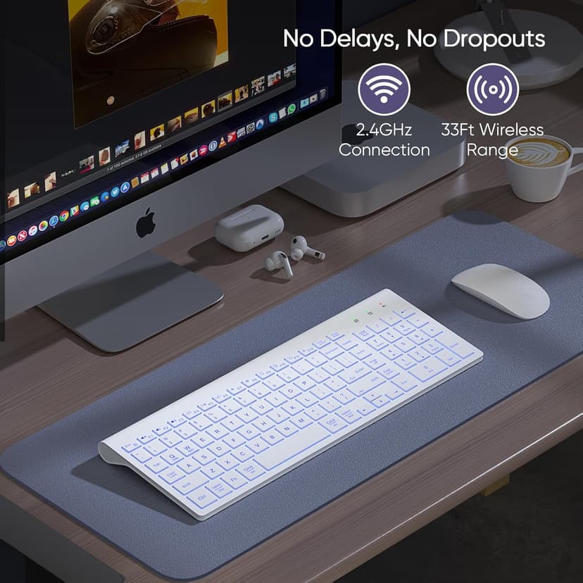 SABLUTE Wireless Keyboard with 7 Colored Backlits, Rechargeable Silent Compact Cordless Computer Keyboard with Low Profile Quiet Light Up Keys for Windows, PC, Linux, Chrome, Mac (White)