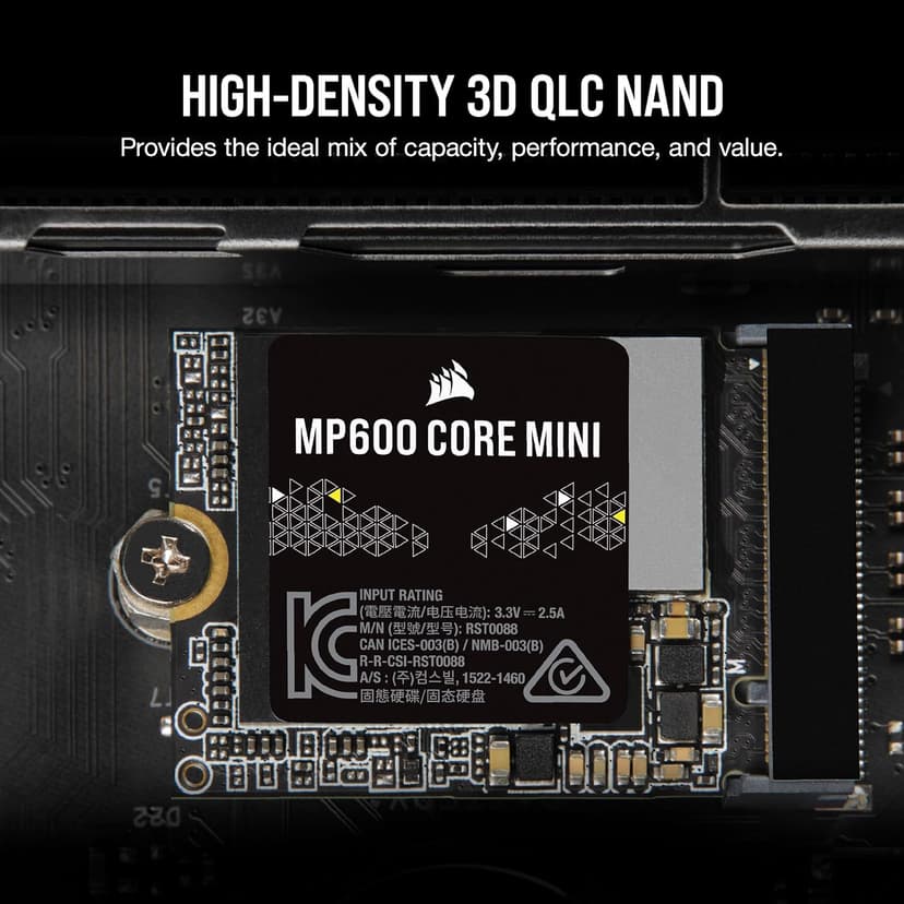 Corsair MP600 CORE MINI 2TB M.2 NVMe PCIe x4 Gen4 2 SSD – M.2 2230 – Up to 5,000MB/sec Sequential Read – High-Density QLC NAND – Great for Steam Deck, ASUS ROG Ally, Microsoft Surface Pro – Black