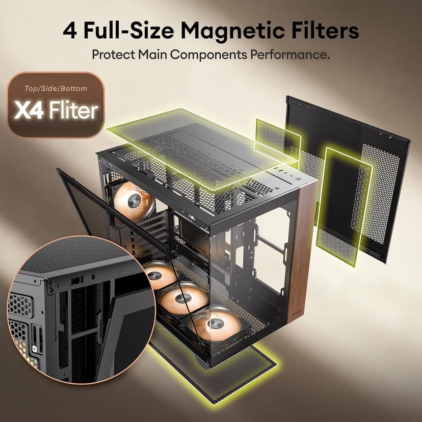 Genuine Walnut Wood PC Case, Pre-Installed 4 x 120mm ARGB & PWM Fans, Type-C Port, Panoramic View Tempered Glass Side Panel, Black, ATX Case, Mid-Tower, Mirage 6