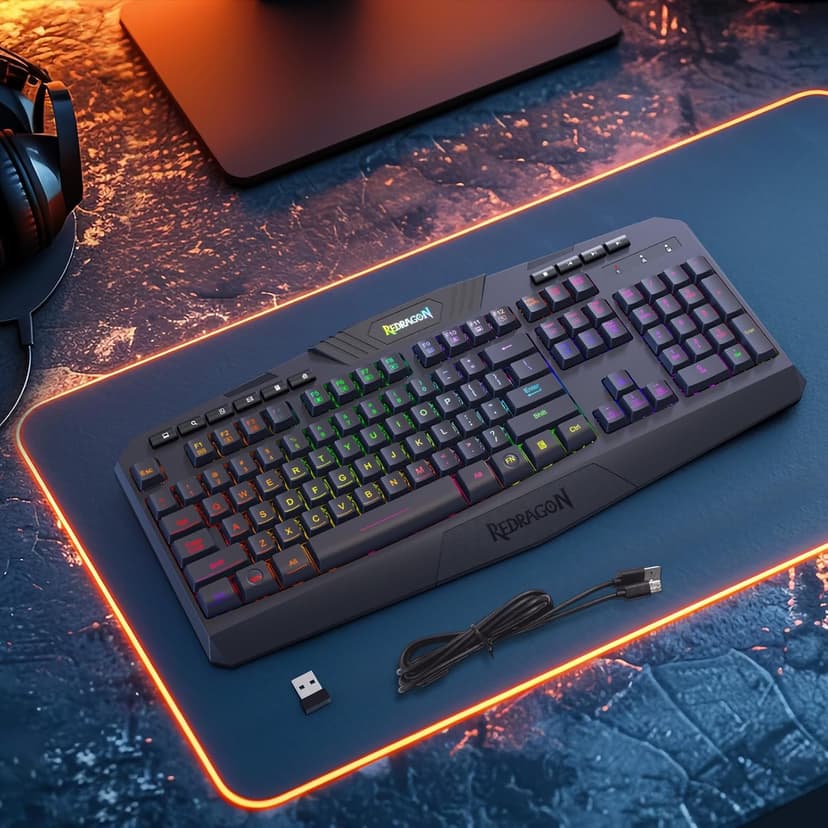Redragon K503 Wireless Gaming Keyboard, RGB LED Backlit, Multimedia Keys, Silent Membrane Keyboard with Wrist Rest for Windows PC Games (Black)