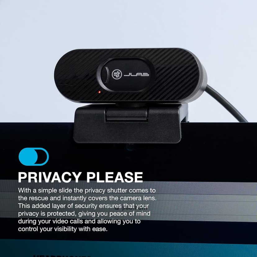 JLab Go Pop Cam USB HD Webcam, Black, 1080P/30 FPS, 2.1 Megapixels, Built-in Privacy Shutter, Minimalist Portable Set-up, Clip-on Design Compatible with PC, Mac and Chromebook