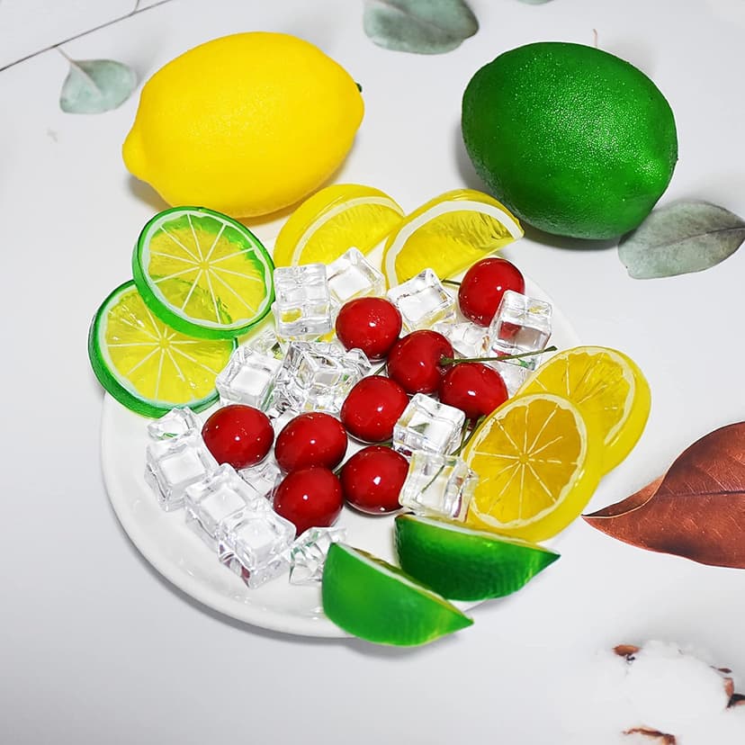 40 Pcs Fake Crushed Ice and Square Ice Rocks,10 Pcs Artificial Fruit Lemon Slices, 4 Pcs Simulation Lemon Blocks and 10 Pcs Lifelike Cherries for Home Kitchen Decoration Photography Prop