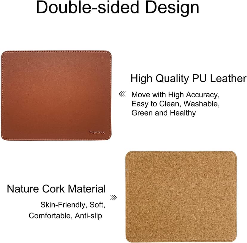Leather Mouse Pad - Wood Mouse Pad, Double Side Mouse Pad with Stitched Edge, Waterproof Ultra Thin Mouse Pad for Computers, Laptop, Office & Home, 10.2 x 8.3 Inch, 1 Pack (Brown)