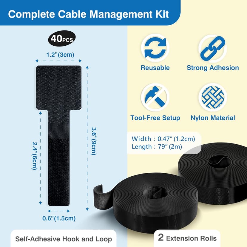 Cable Management Kit with 40 Self-Adhesive Hook and Loop Ties & 2 Extension Straps – 3M Sticky Cord Organizer for Under Desk, Home Office, Wall – Reusable Adjustable Nylon Wire Holders (Black)