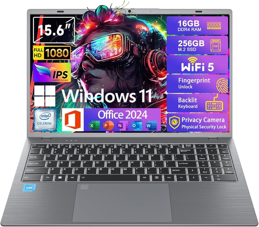 Windows11 Intel Laptop 15.6”HD Display（Celeron N5095）16GB RAM 256GB SSD Storage，With Free Office 2024 | Fingerprint Unlock | Privacy Camera | Backlit Keyboard，Suitable for Student and Business