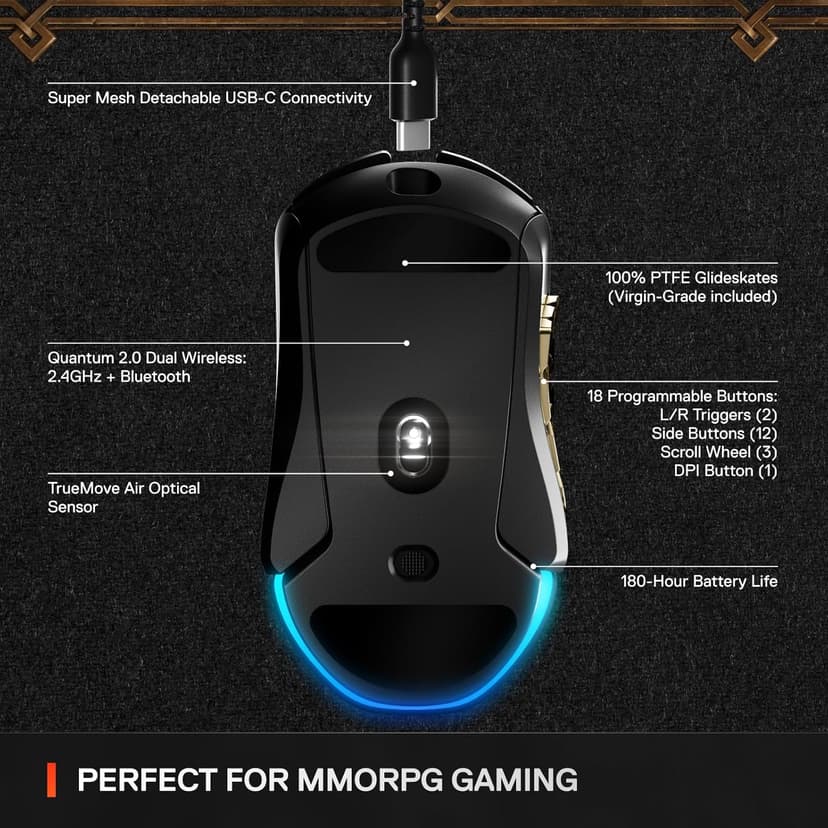 SteelSeries Aerox 9 Wireless: World of Warcraft Edition — Free in-Game Item — MMO Gaming Mouse — 18 Programmable Buttons — Lightweight — Bluetooth/2.4GHz — 18K DPI TrueMove Air Sensor