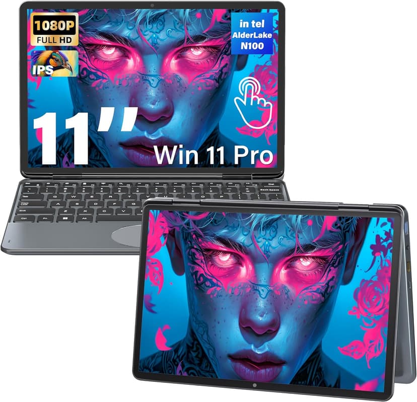 11" Convertible 2-in-1 Touchscreen Laptop, in tel N100,16GB RAM,1T SSD,FHD 1920 * 1200 IPS,Win 11 Pro PC,Backlit Keyboard, WiFi,USB-C,HDMI,Oval Trackpad,Lightweight for Business&Students