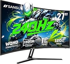 SANSUI 27 Inch Curved 240Hz Gaming Monitor, 2K WQHD 1500R Curved Computer Monitor, 120% sRGB, MPRT 1ms, Freesync, HDR, VESA(100 * 100mm),HDMI*2, DP1.4 * 2(DP Cable Included)