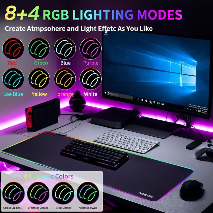 RGB Gaming Mouse Pad, 31.5 x 11.8 Inch Oversized Mouse Mat with 12 Light Modes, Non-Slip Rubber Base, Large Keyboard Pad for PC Gaming, Office, Black