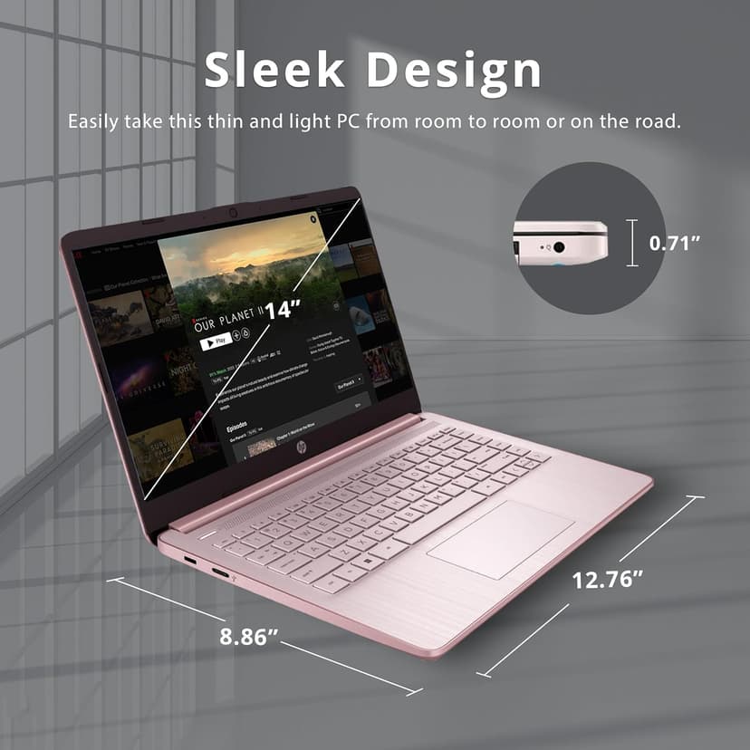 HP Stream 14" HD BrightView Laptop, Intel Celeron N4120 Processor, 4GB RAM, 64GB Storage, Intel HD Graphics, 720p Webcam, 1 Year Office 365, Pink, Win 11 S, 32GB Hotface USB Card