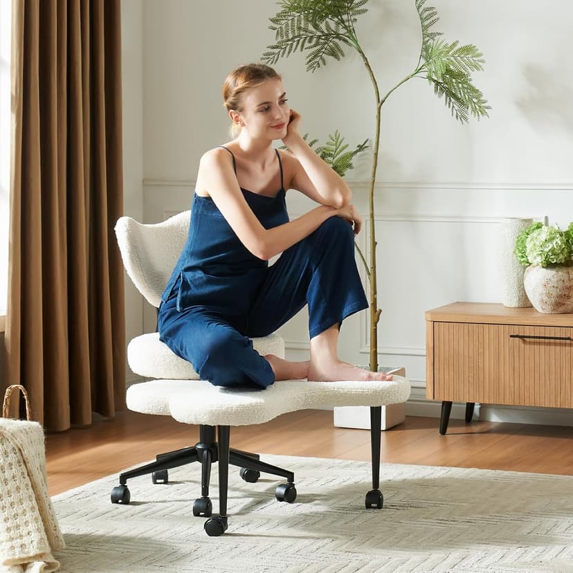 Ergonomic Cross Legged Chair, 360° Swivel Meditation Chair with Wheels, Height Adjustable Seat for ADHD, Strong Lumbar Support, Chic Home Office Furniture, Teddy Fabric, Off White