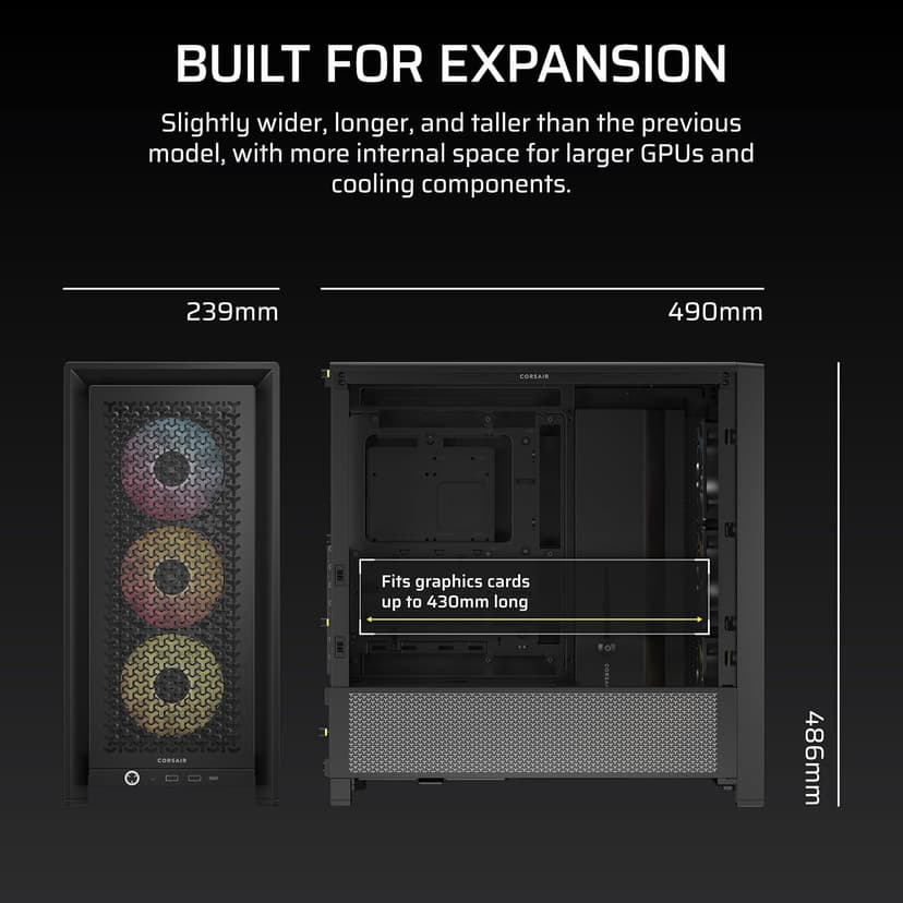 CORSAIR 4000D RS ARGB Frame Modular Mid-Tower ATX PC Case – High Airflow, 3X Pre-Installed RS ARGB Fans, InfiniRail™ Fan Mounting System, ASUS BTF, MSI Project Zero, Gigabyte Project Stealth – Black