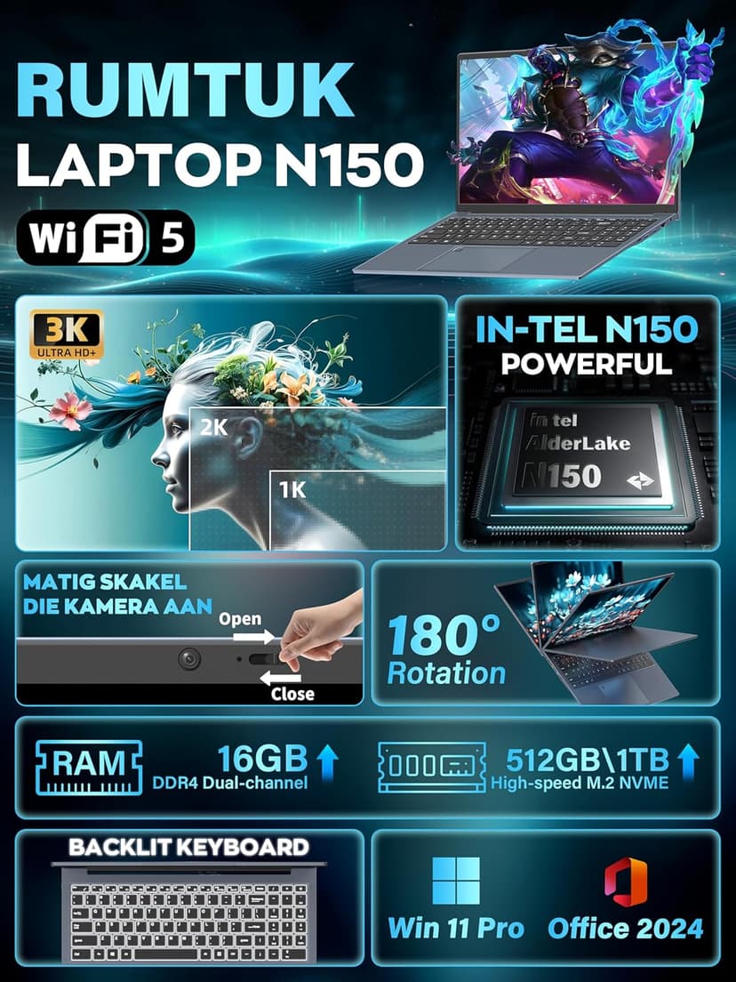 【MS Office 2024/Win 11 Pro】 2025 Laptops 16" 3K 3072x1920 IPS Laptop Computer with in tel N150(UP to 3.6 GHz),16G RAM, Backlit KB/Fingerprint/Webcam/Wi-Fi 5/BT, HDMI/USB-C/RJ45 (512G NVME SSD)