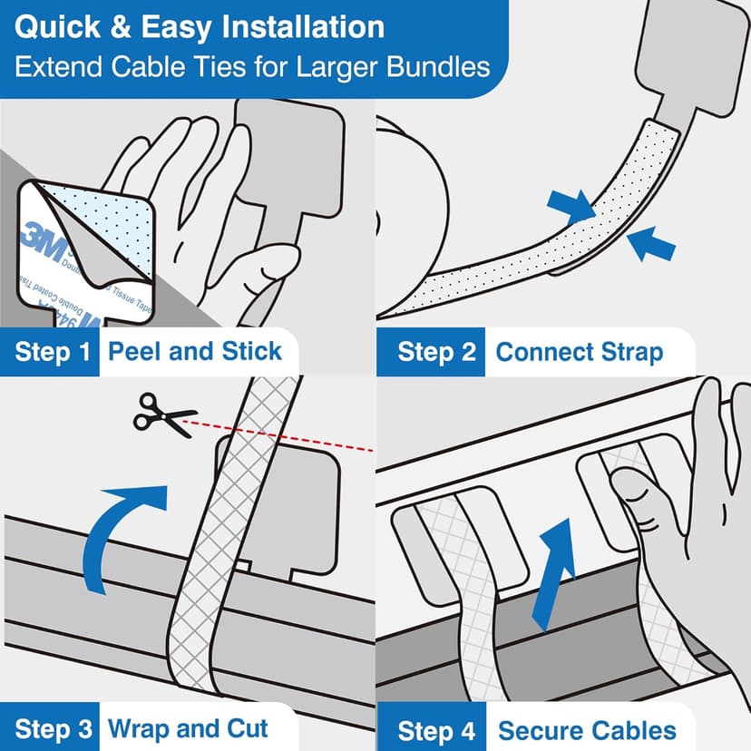 Cable Management Kit with 40 Self-Adhesive Hook and Loop Ties & 2 Extension Straps – 3M Sticky Cord Organizer for Under Desk, Home Office, Wall – Reusable Adjustable Nylon Wire Holders (Black)