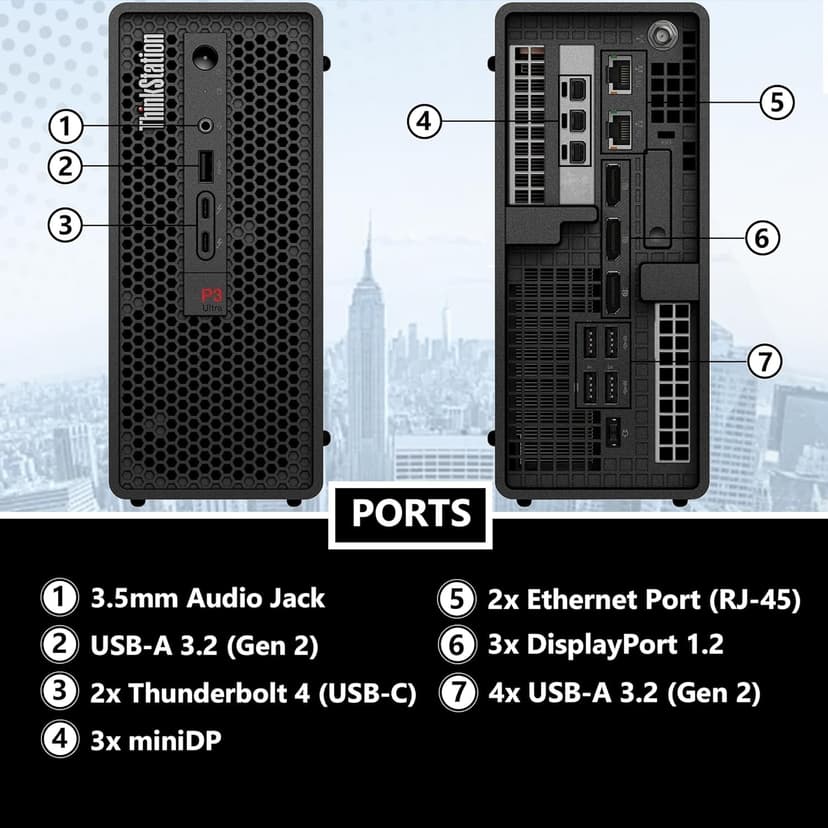 Lenovo ThinkStation P3 Ultra Small Form Factor i7-13700T, 64GB DDR5, 1TB NVMe, T400 4GB Graphics, WiFi 6 + BT, RJ-45, 3X miniDP, 3X DP Port (6 Monitor max), Win 11 Pro, 3YR, Business Desktop