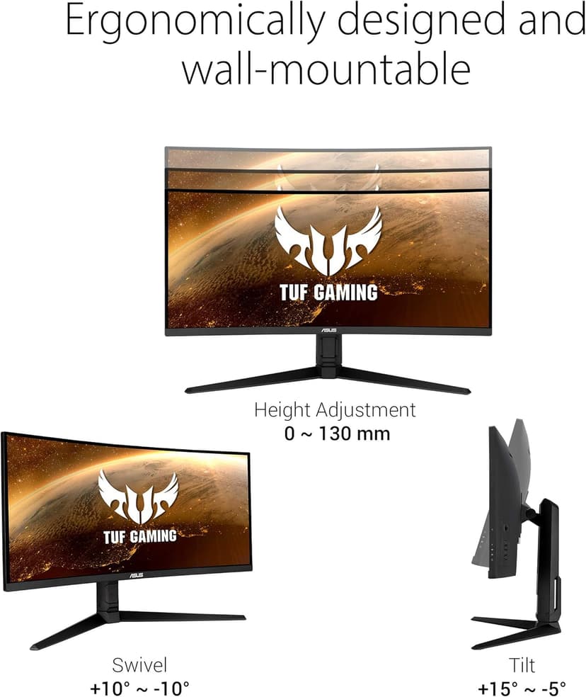 ASUS TUF 34 Inch Curved Gaming Monitor - WQHD (3440x1440), 165Hz, 1ms, Extreme Low Motion Blur, FreeSync Premium, Eye Care, Height Adjustable, DisplayHDR 400, DisplayPort, HDMI, USB - VG34VQL1B