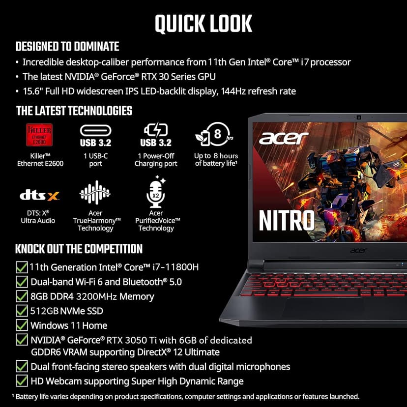 Acer Nitro 5 AN515-57-79TD Gaming Laptop | Intel Core i7-11800H | NVIDIA GeForce RTX 3050 Ti Laptop GPU | 15.6" FHD 144Hz IPS Display | 8GB DDR4 | 512GB NVMe SSD | Killer Wi-Fi 6 | Backlit Keyboard