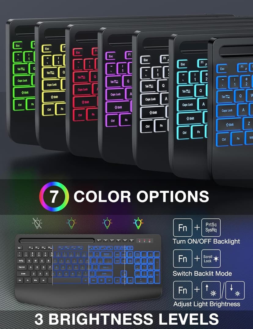 Wireless Keyboard and Mouse Combo, 9 Backlit Effects, Wrist Rest, Phone Holder, 2.4G Lag-Free Ergonomic Keyboards, Rechargeable Silent Cordless Set for Computer, Laptop, PC, Mac, Windows -SABLUTE